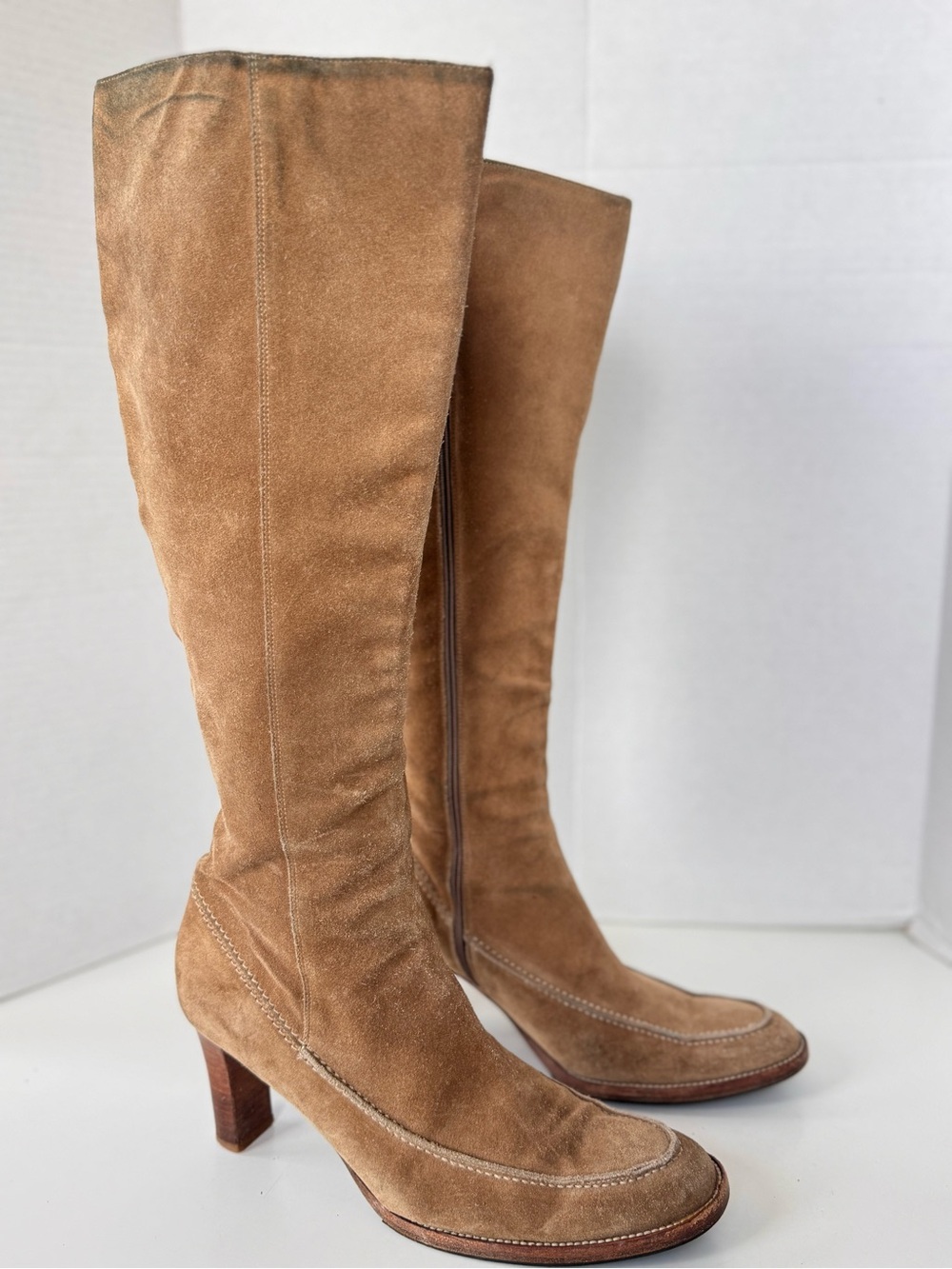 vintage 90s ralph lauren blue label tan suede tall heel boots size 8 *Flaws - Picture 2 of 15